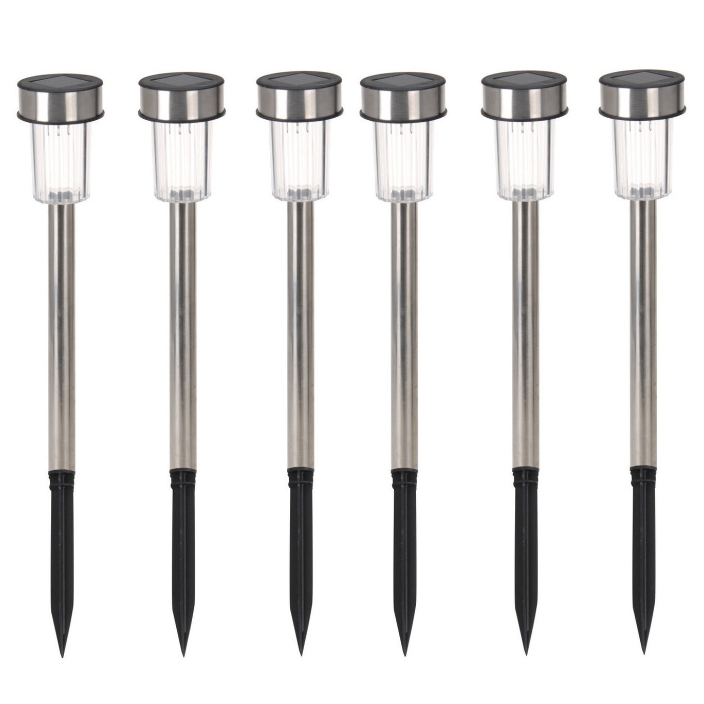 6x Stuks buiten/tuin Led zilveren stekers solar verlichting 36 cm Rvs koud wit -