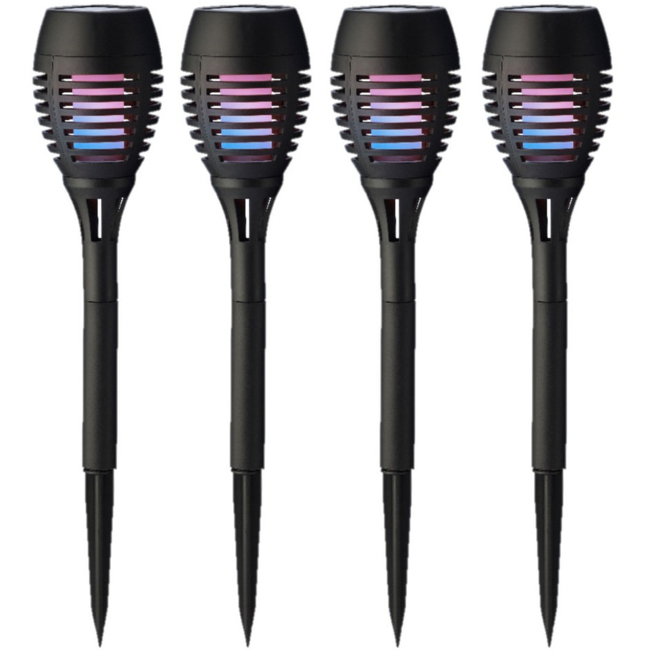 Set van 4x stuks solar tuinfakkels zwart met gekleurd vlameffect 27 cm -