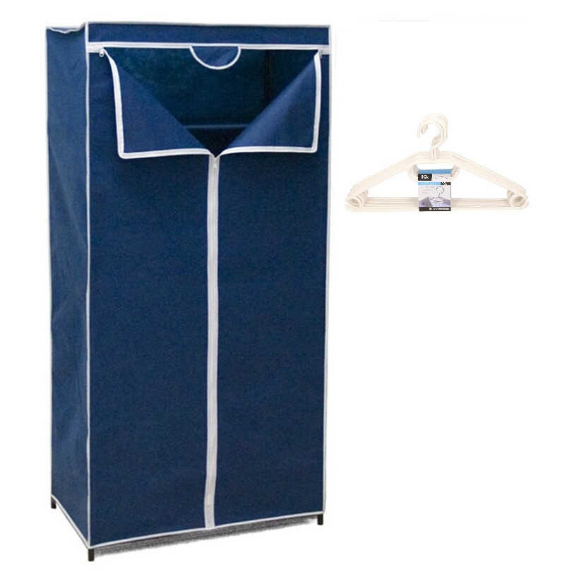Mobiele opvouwbare kledingkast blauw 75 x 46 x 160 cm incl. 10 witte kledinghangers -