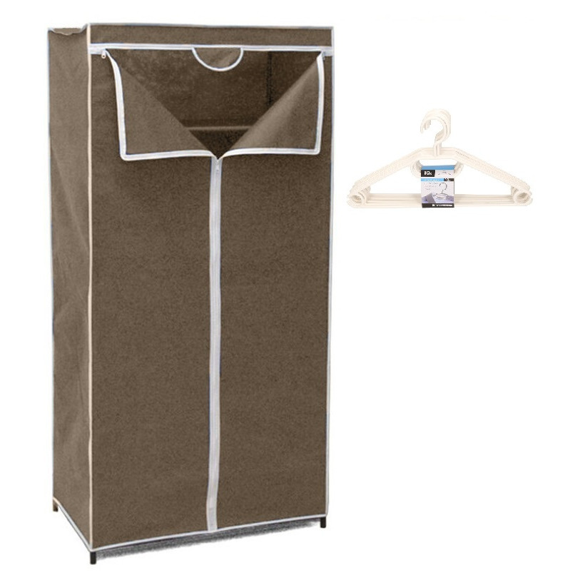Mobiele opvouwbare kledingkast bruin 75 x 46 x 160 cm incl. 10 witte kledinghangers -