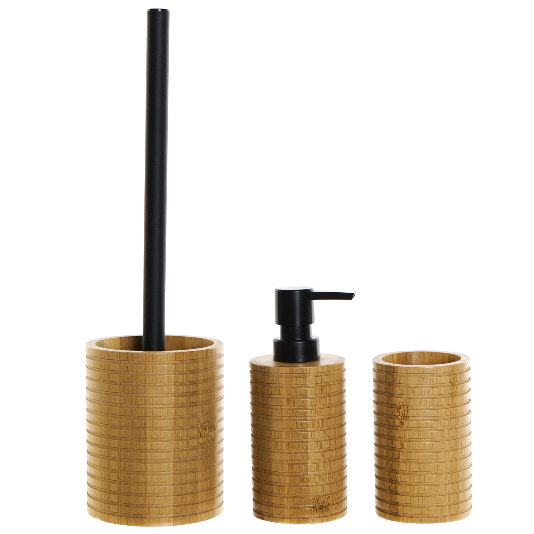 Badkamerset met wc-borstelhouder zeeppompje en beker bruin bamboe hout -