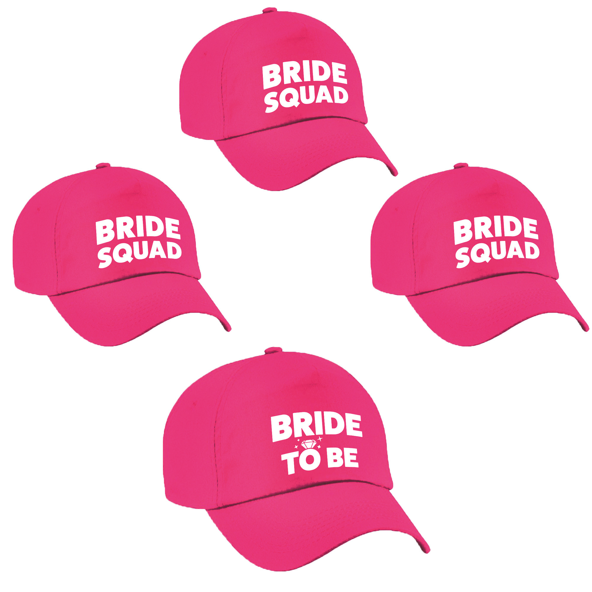Vrijgezellenfeest dames petjes pakket - 1x Bride to Be roze + 7x Bride Squad roze -