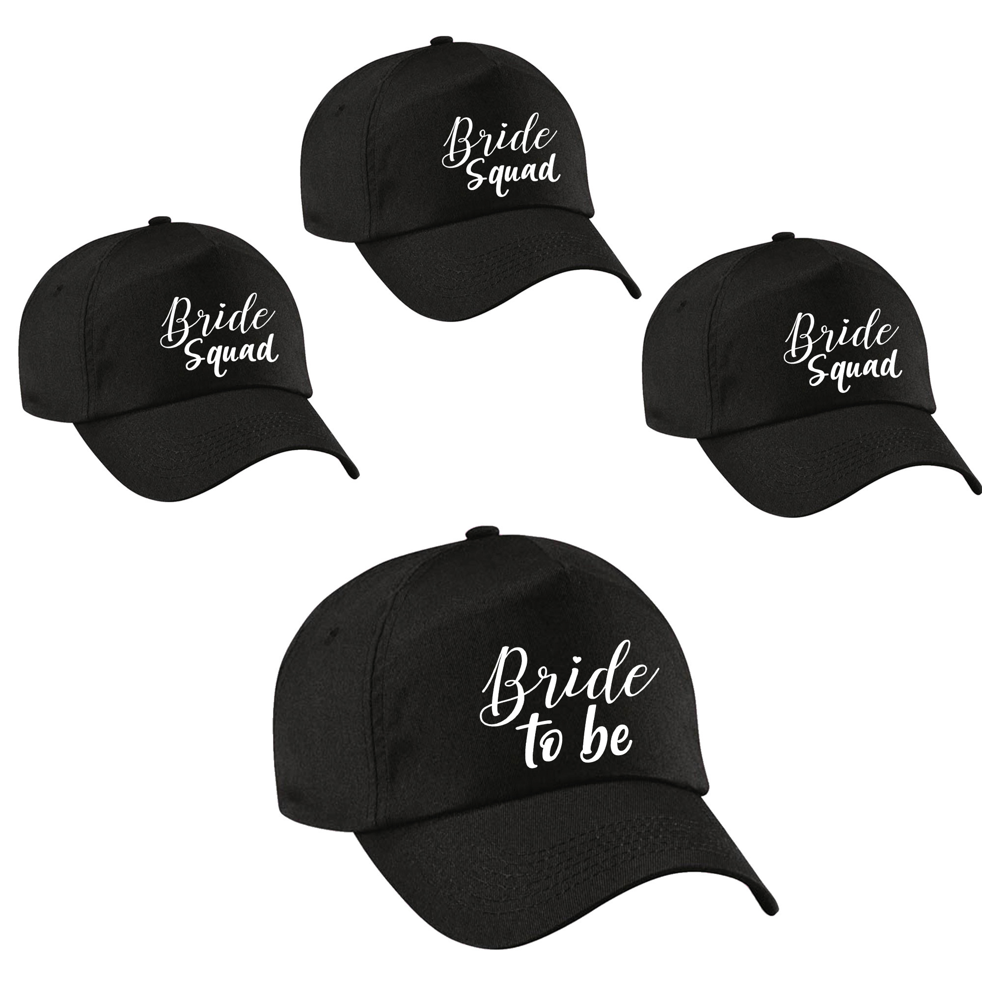 Vrijgezellenfeest dames petjes pakket sierlijk - 1x Bride to Be zwart + 7x Bride Squad zwart -