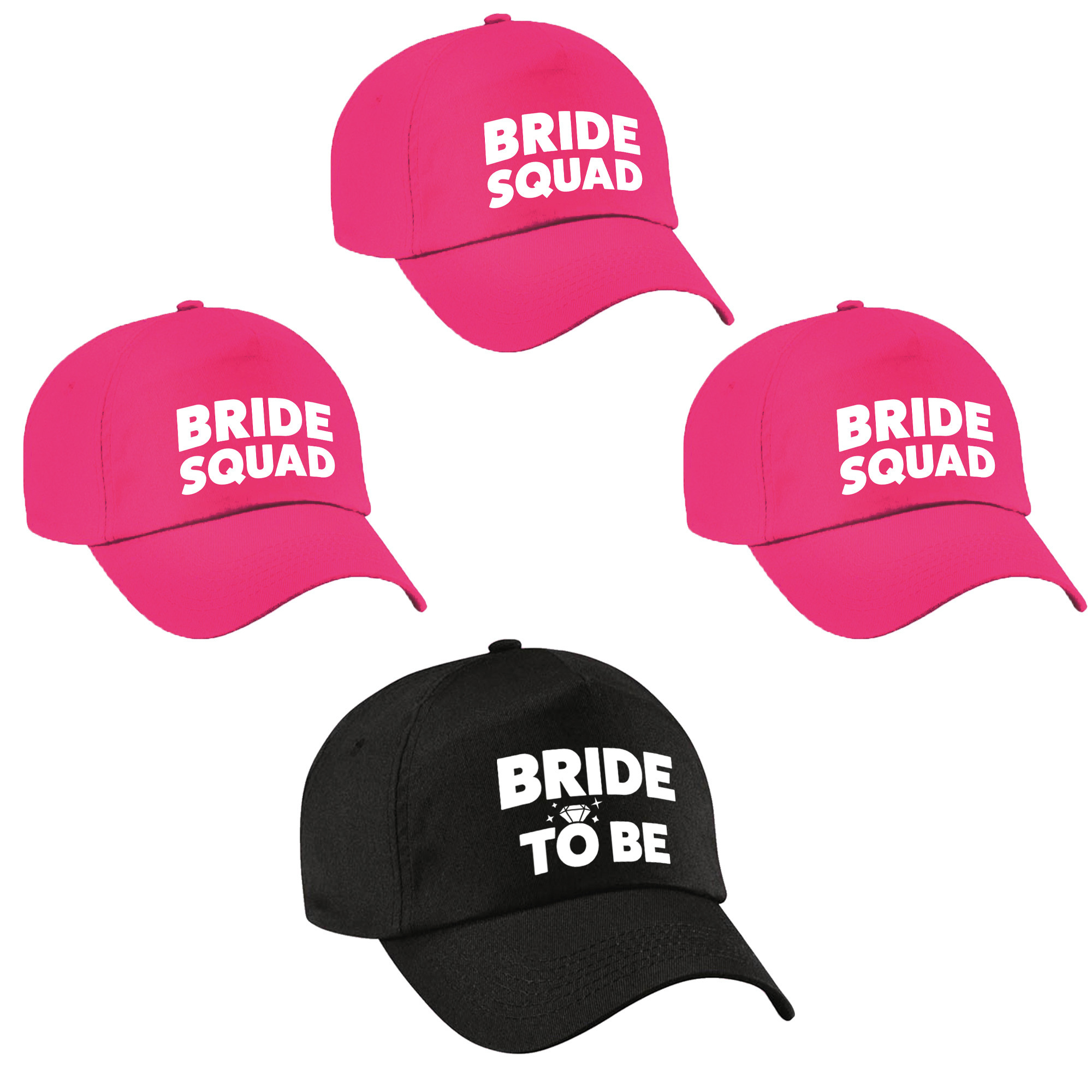 Vrijgezellenfeest dames petjes pakket - 1x Bride to Be zwart + 7x Bride Squad roze -