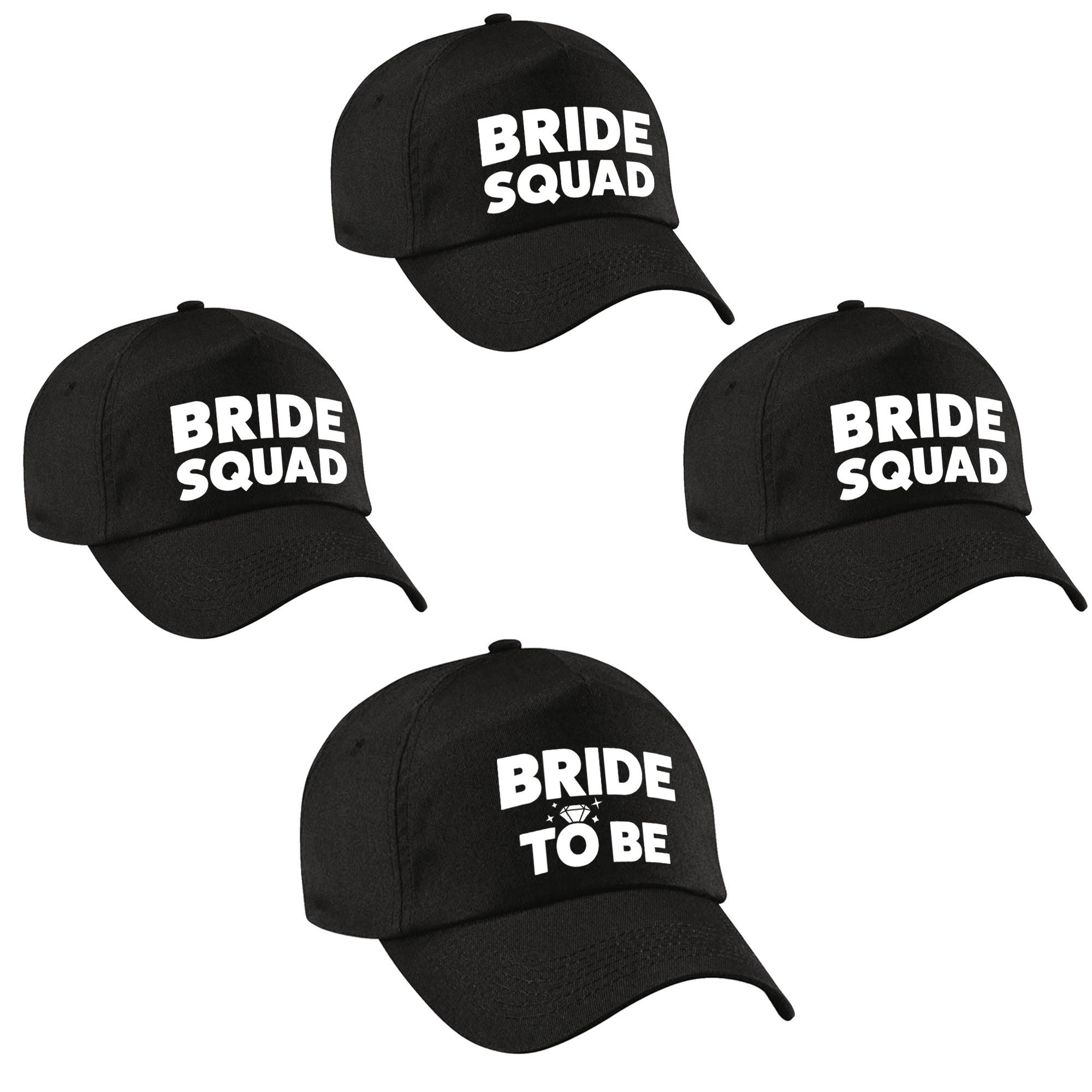 Vrijgezellenfeest dames petjes pakket - 1x Bride to Be zwart + 7x Bride Squad zwart -