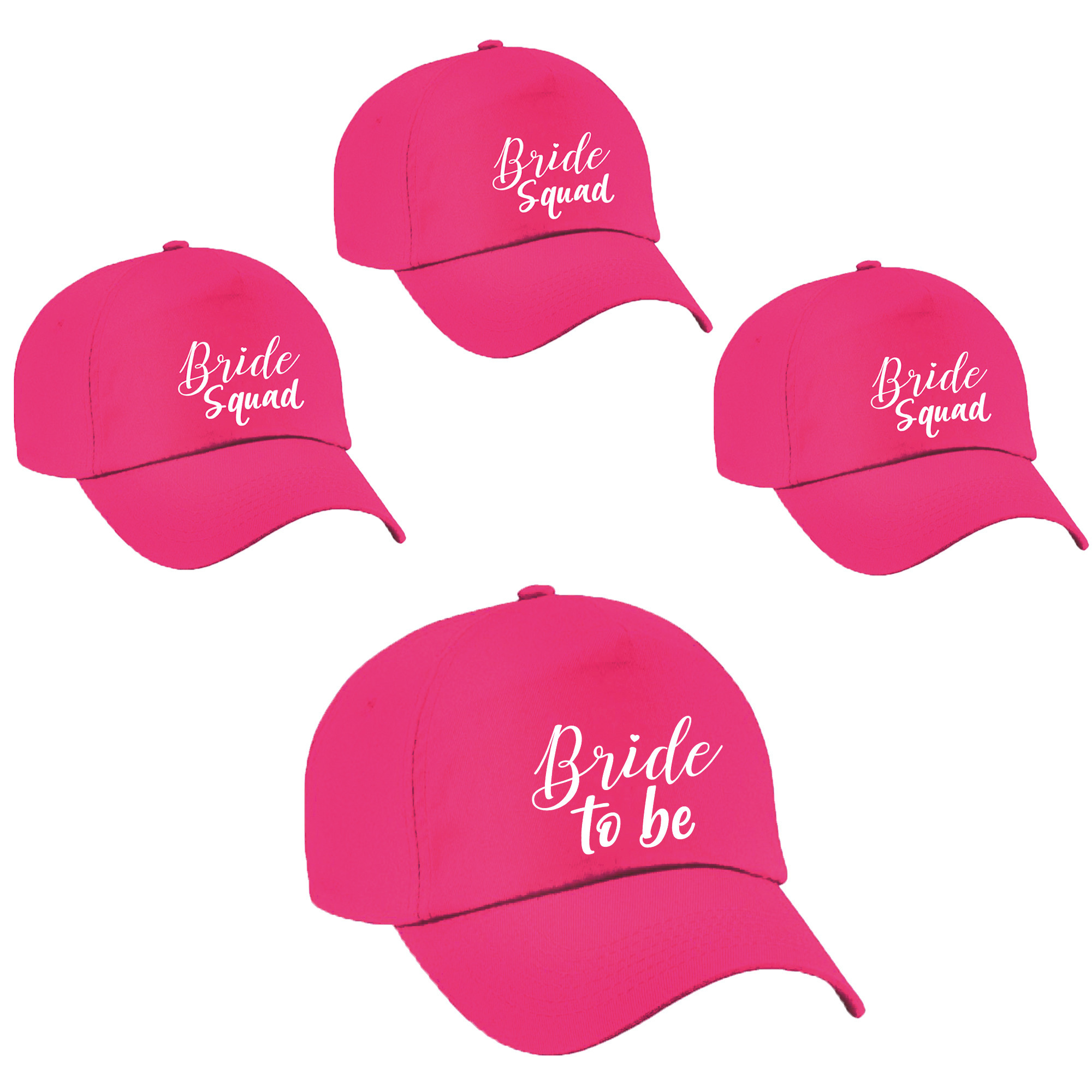 Vrijgezellenfeest dames petjes pakket sierlijk - 1x Bride to Be roze + 9x Bride Squad roze -
