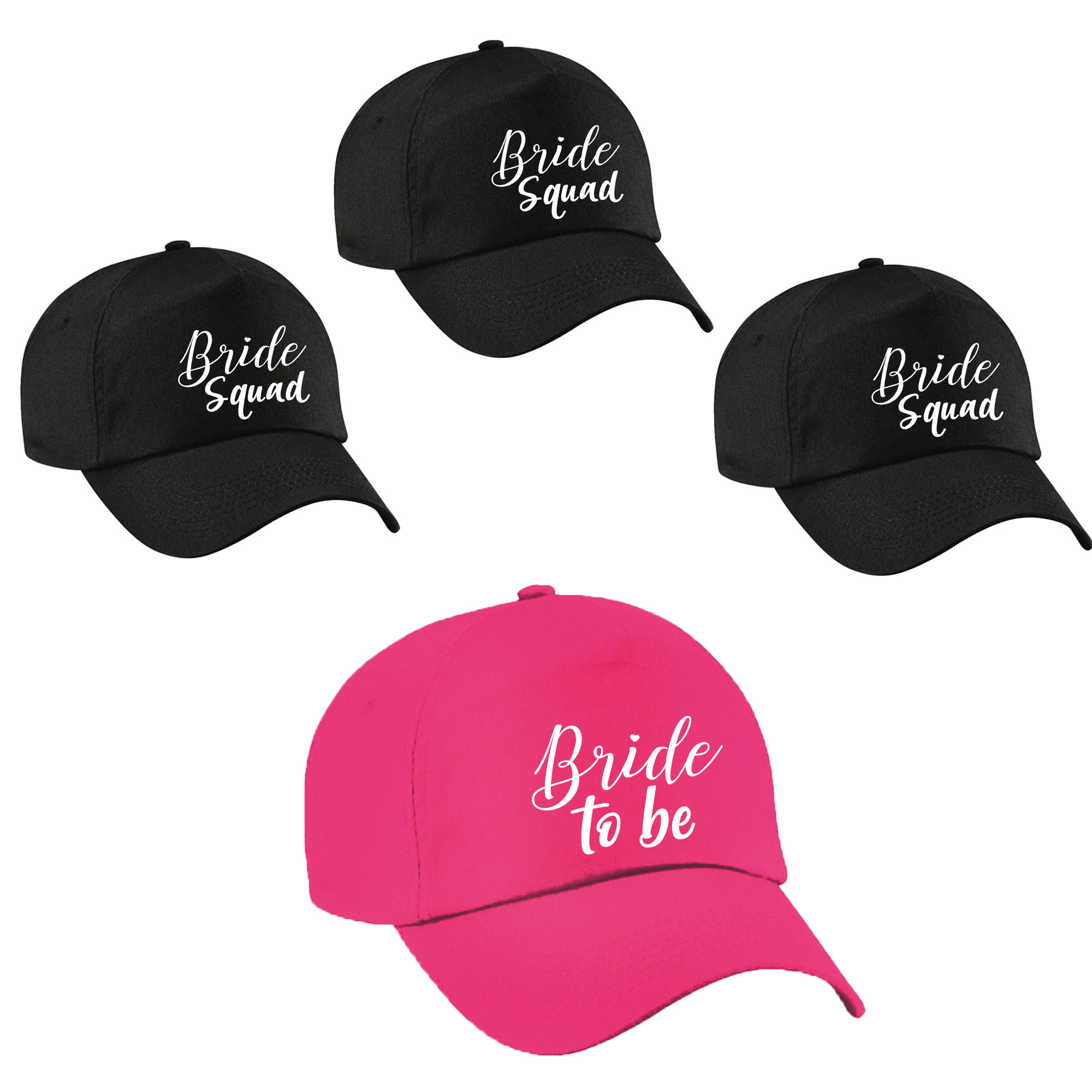 Vrijgezellenfeest dames petjes pakket sierlijk - 1x Bride to Be roze + 7x Bride Squad zwart -