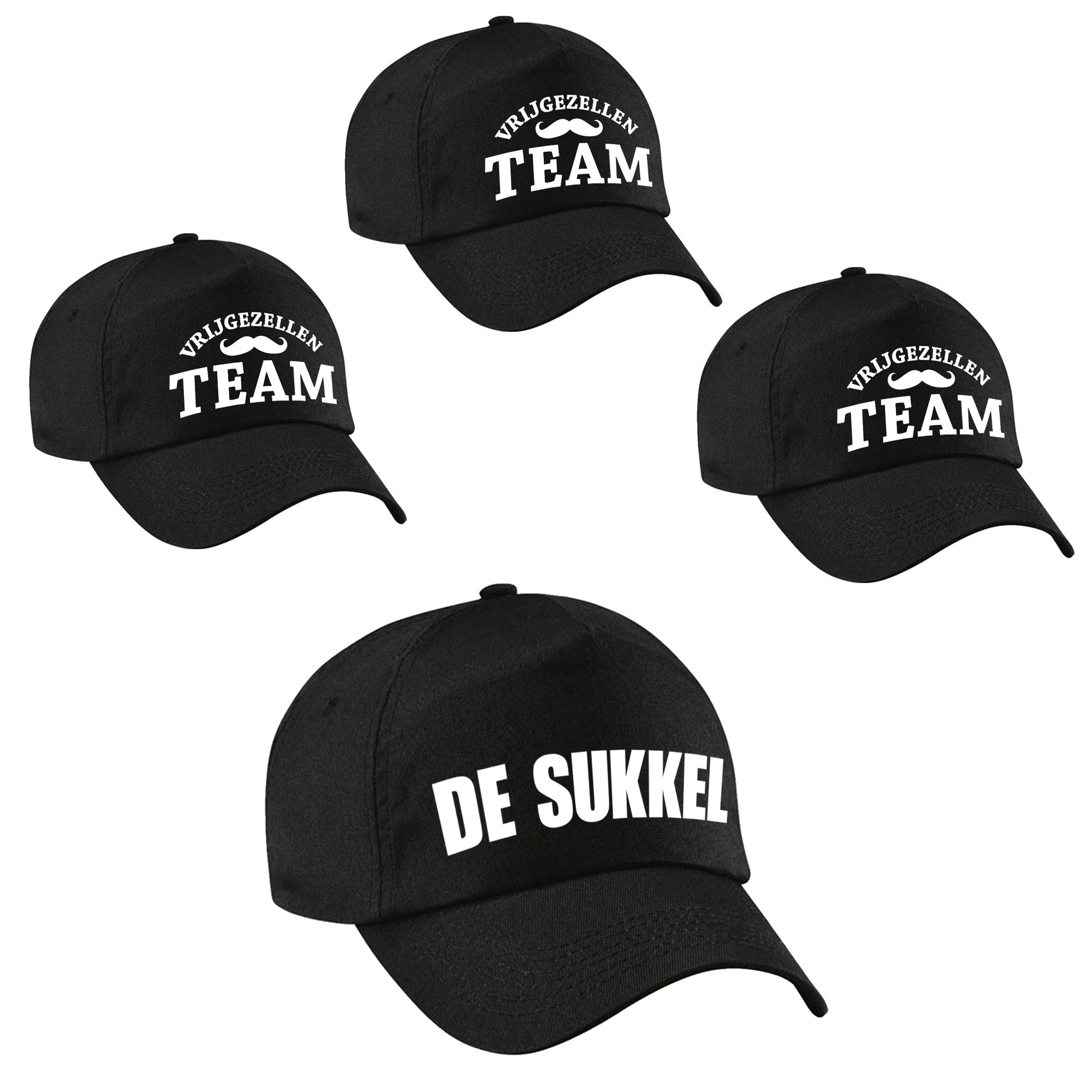 Vrijgezellenfeest heren petjes pakket - 1x De Sukkel zwart + 9x Vrijgezellen team zwart -