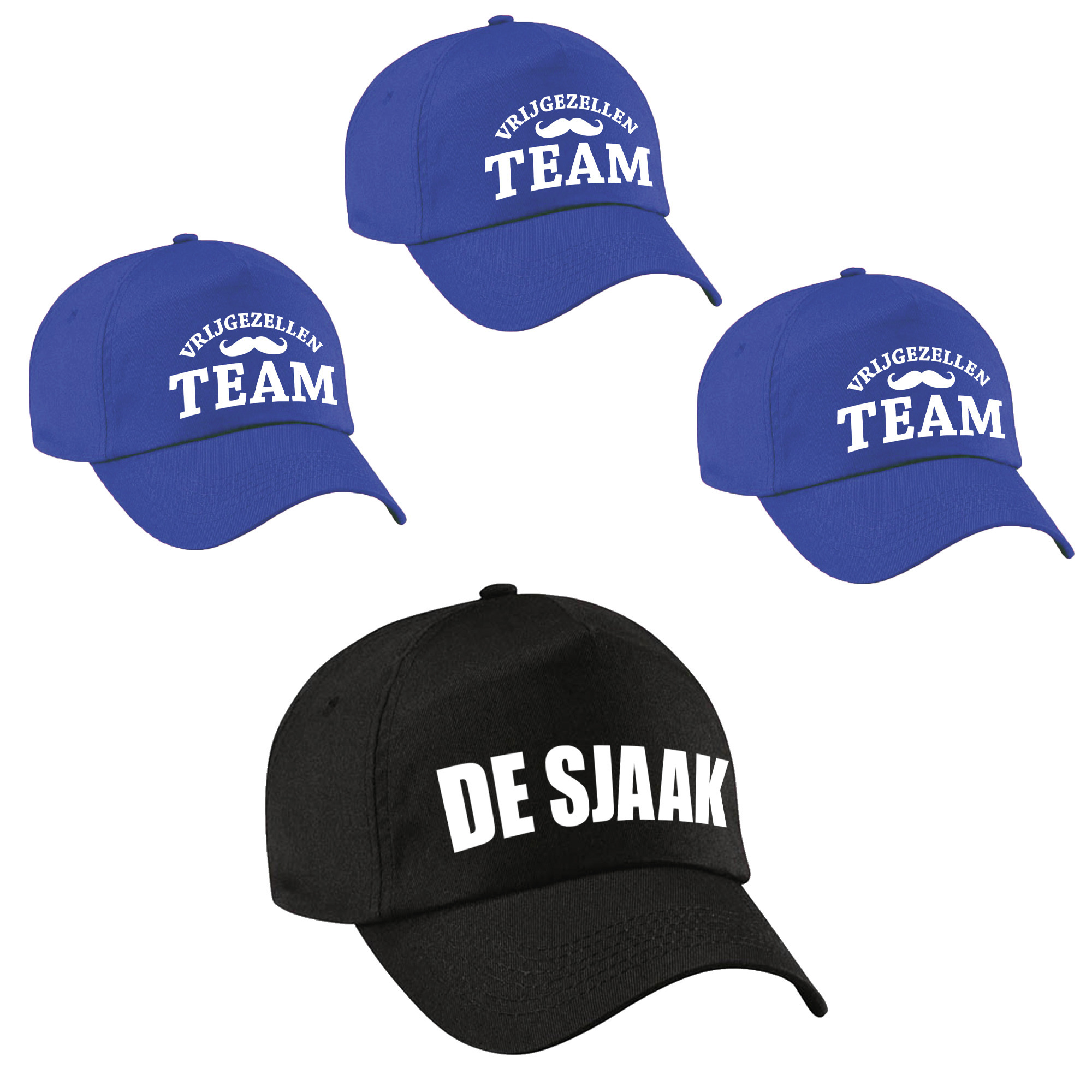 Vrijgezellenfeest heren petjes pakket - 1x De Sjaak zwart + 7x Vrijgezellen team blauw -