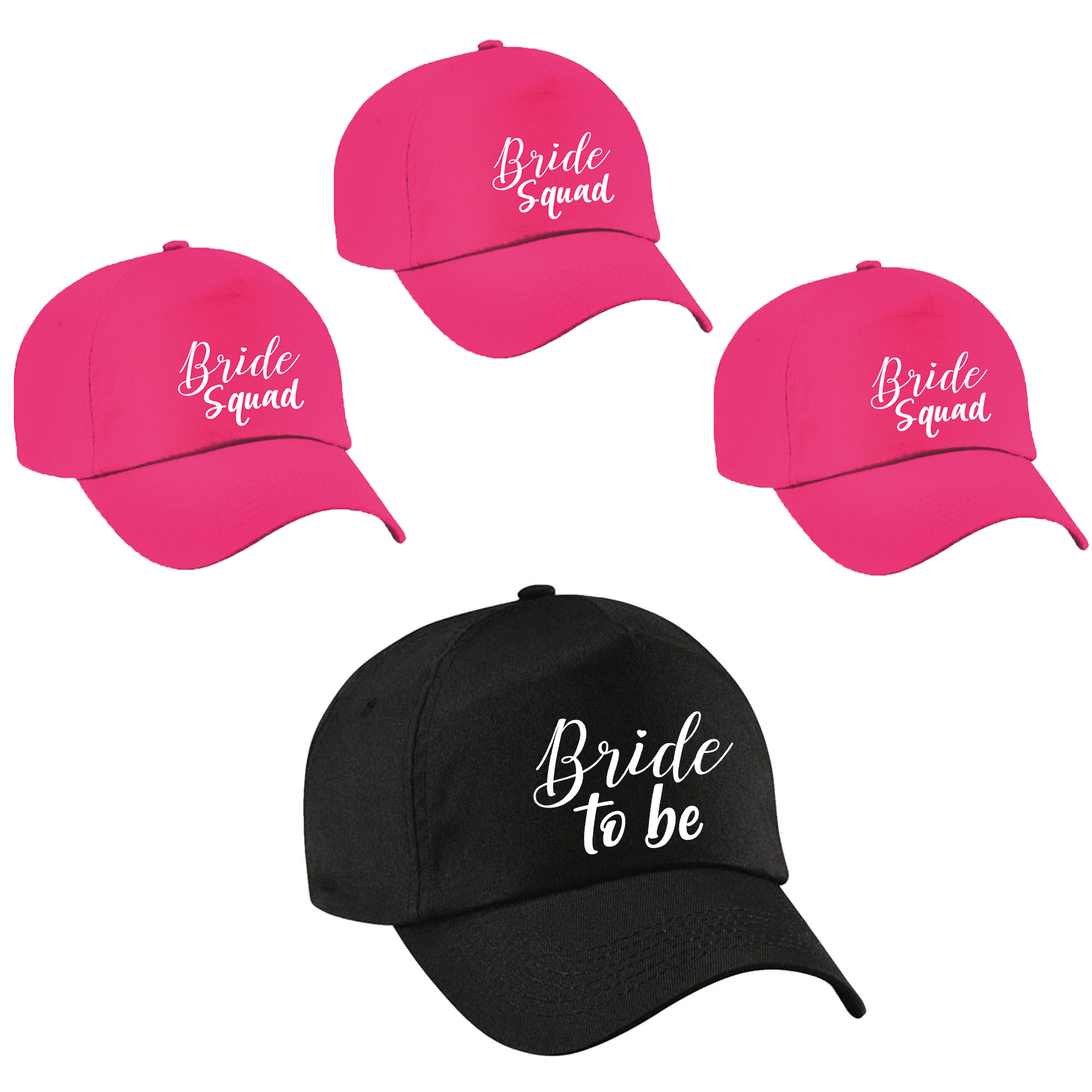 Vrijgezellenfeest dames petjes pakket sierlijk - 1x Bride to Be zwart + 7x Bride Squad roze -