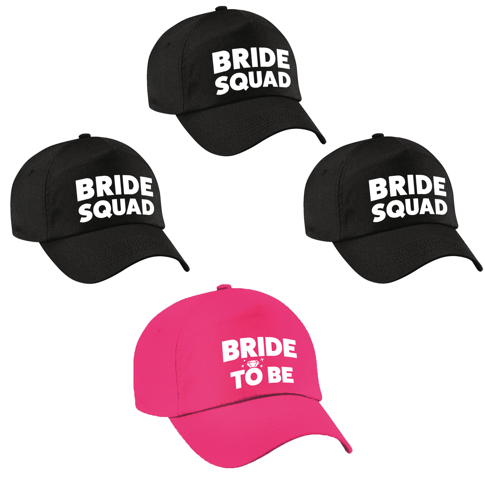 Vrijgezellenfeest dames petjes pakket - 1x Bride to Be roze + 5x Bride Squad zwart -