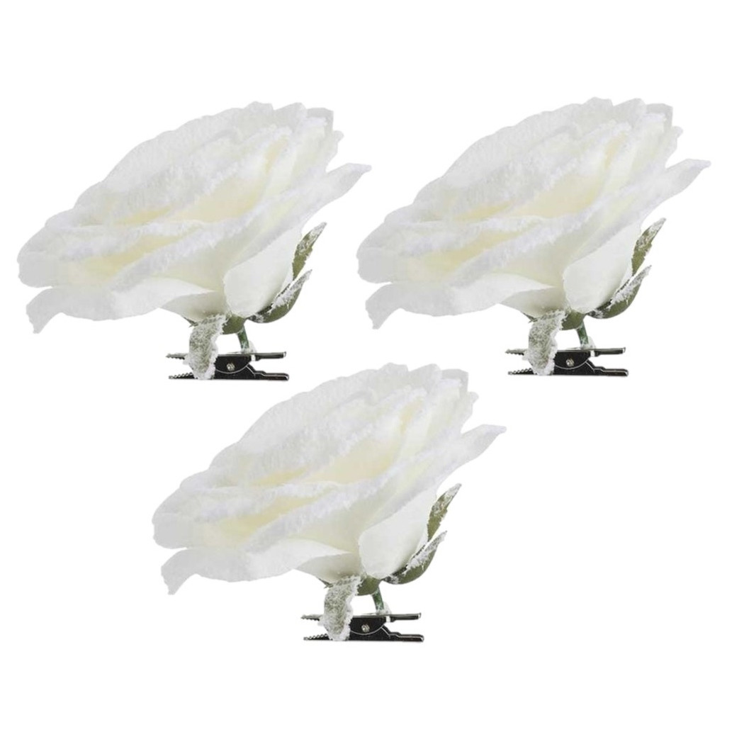 6x Kerstboomversiering bloemen op clip witte besneeuwde roos 15 cm -