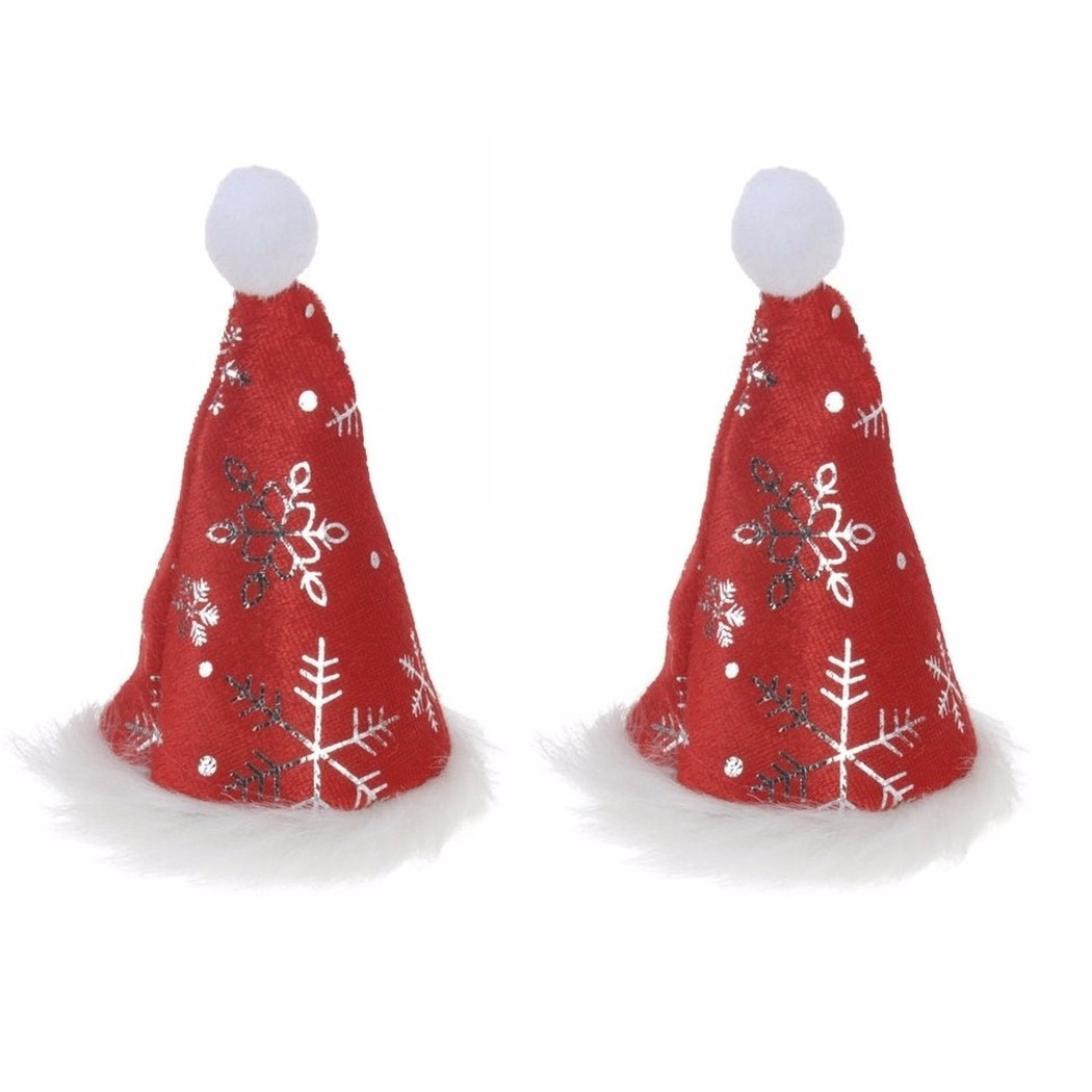 2x stuks mini kerstmutsjes met sneeuwvlokken op clip -