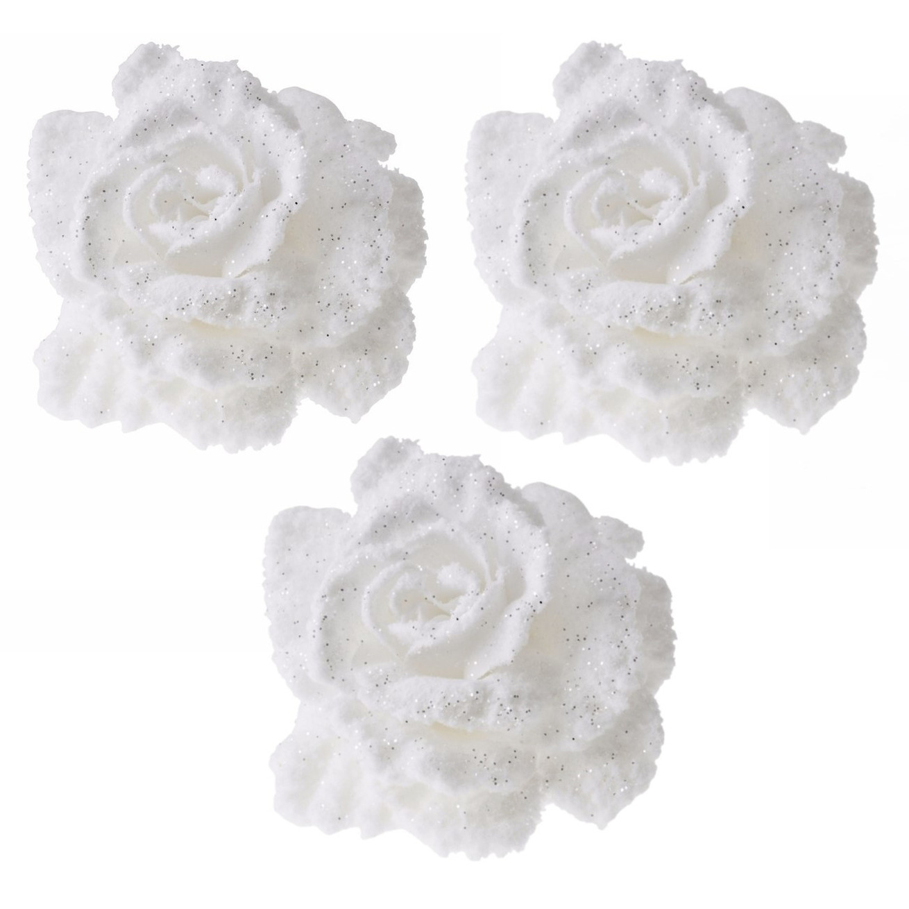 6x Kerstboomversiering bloemen op clip witte kerstbloemen 10 cm -