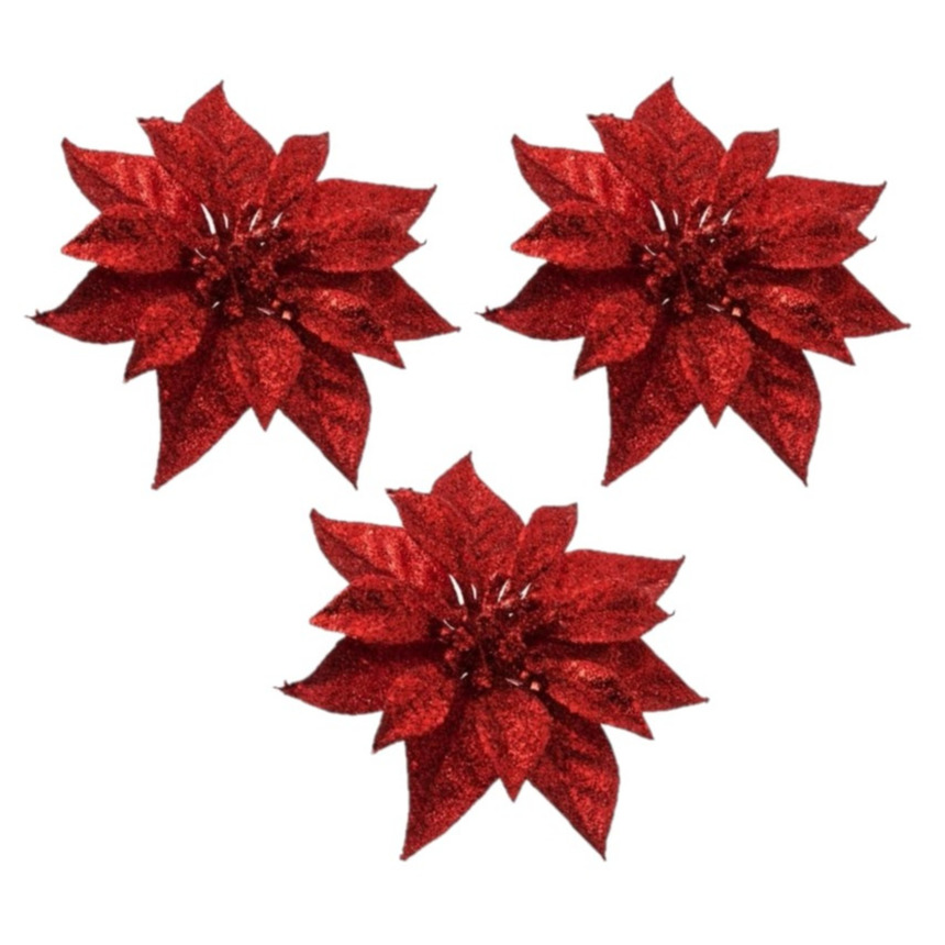 6x Kerstboomversiering bloemen op clip rode kerstster 18 cm -