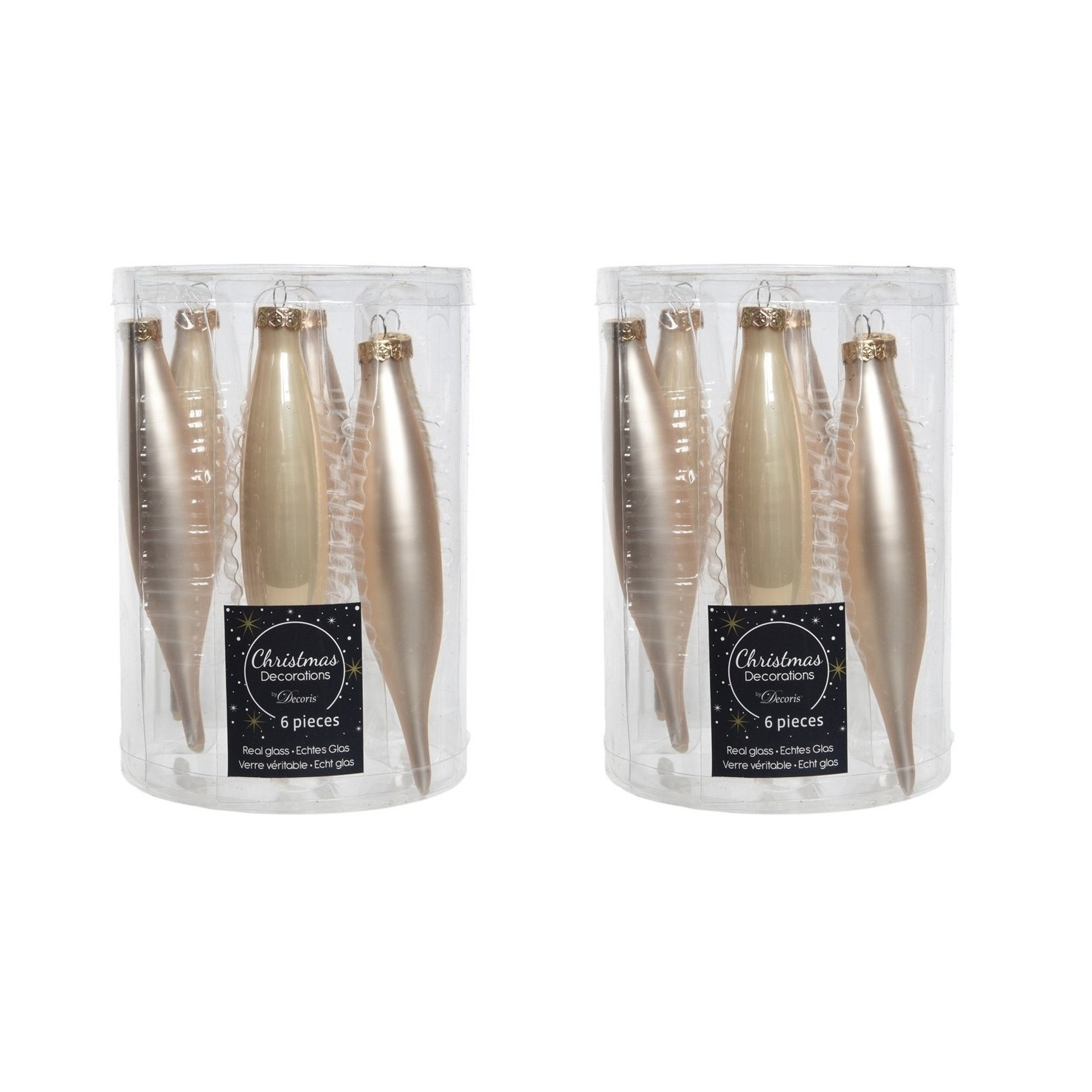 18x stuks glazen kersthangers ijspegels kerstballen licht parel/champagne 15 cm -
