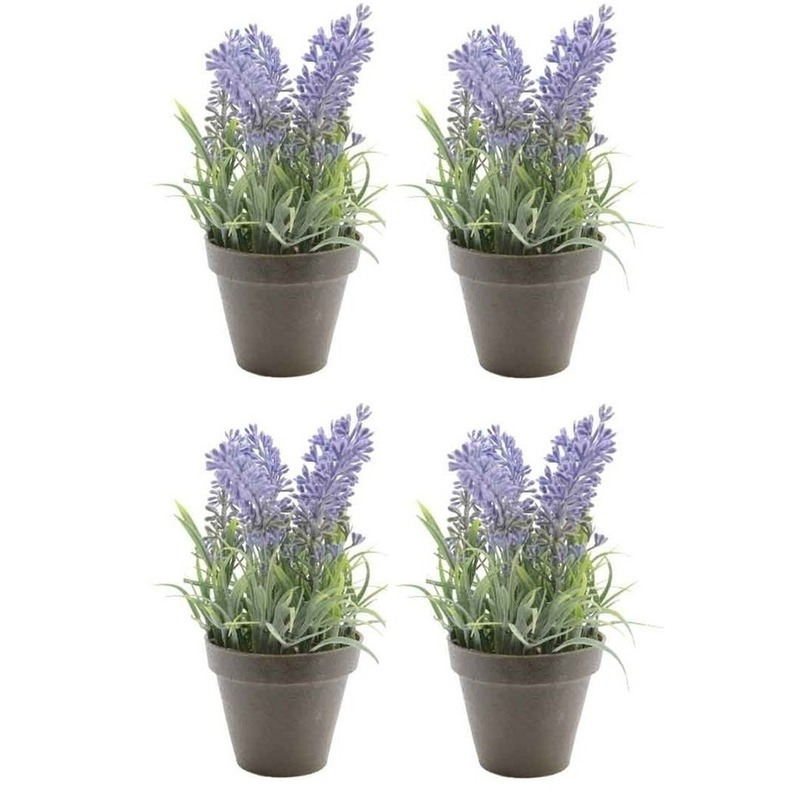 10x groen/paarse Lavendula/lavendel kunstplant 17 cm in zwarte pot -