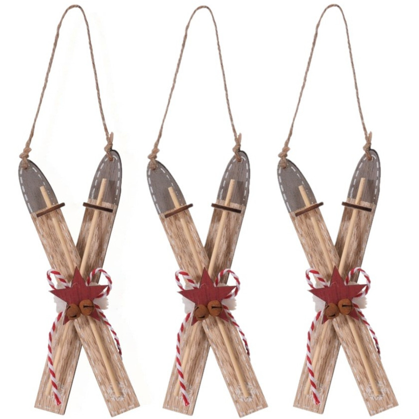 12x Bruine houten ski kerstversiering hangdecoratie 17 cm -