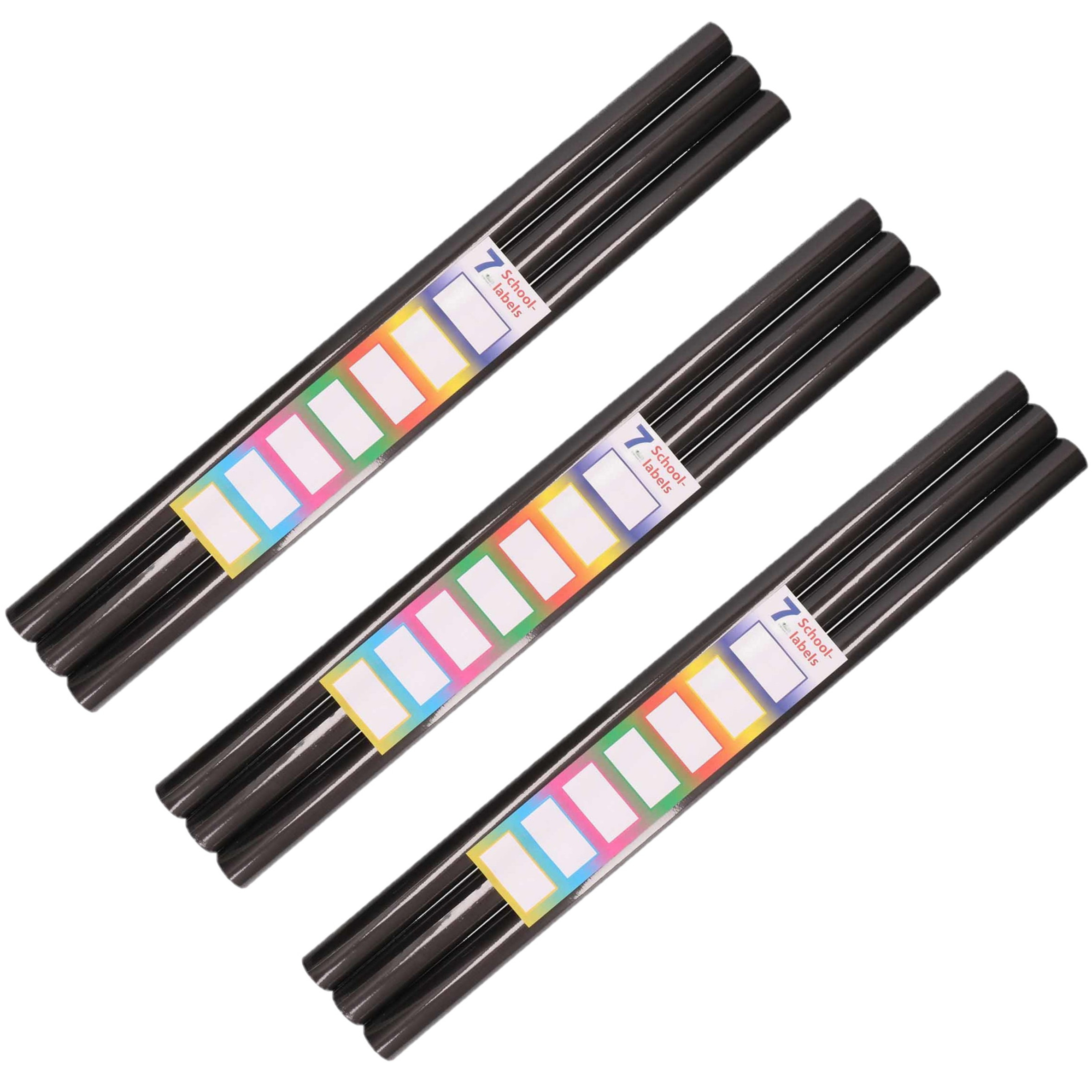 9x Rollen kadopapier / schoolboeken kaftpapier zwart met labels 200 x 70 cm -