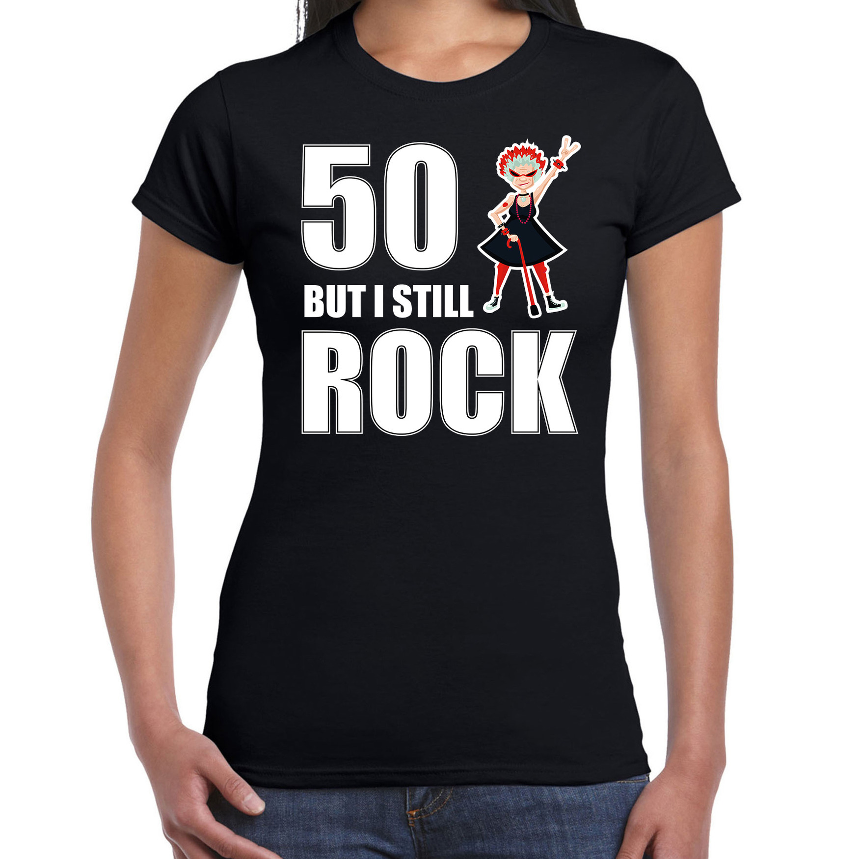 Verjaardag cadeau t-shirt Sarah 50 but I still rock zwart voor dames M -