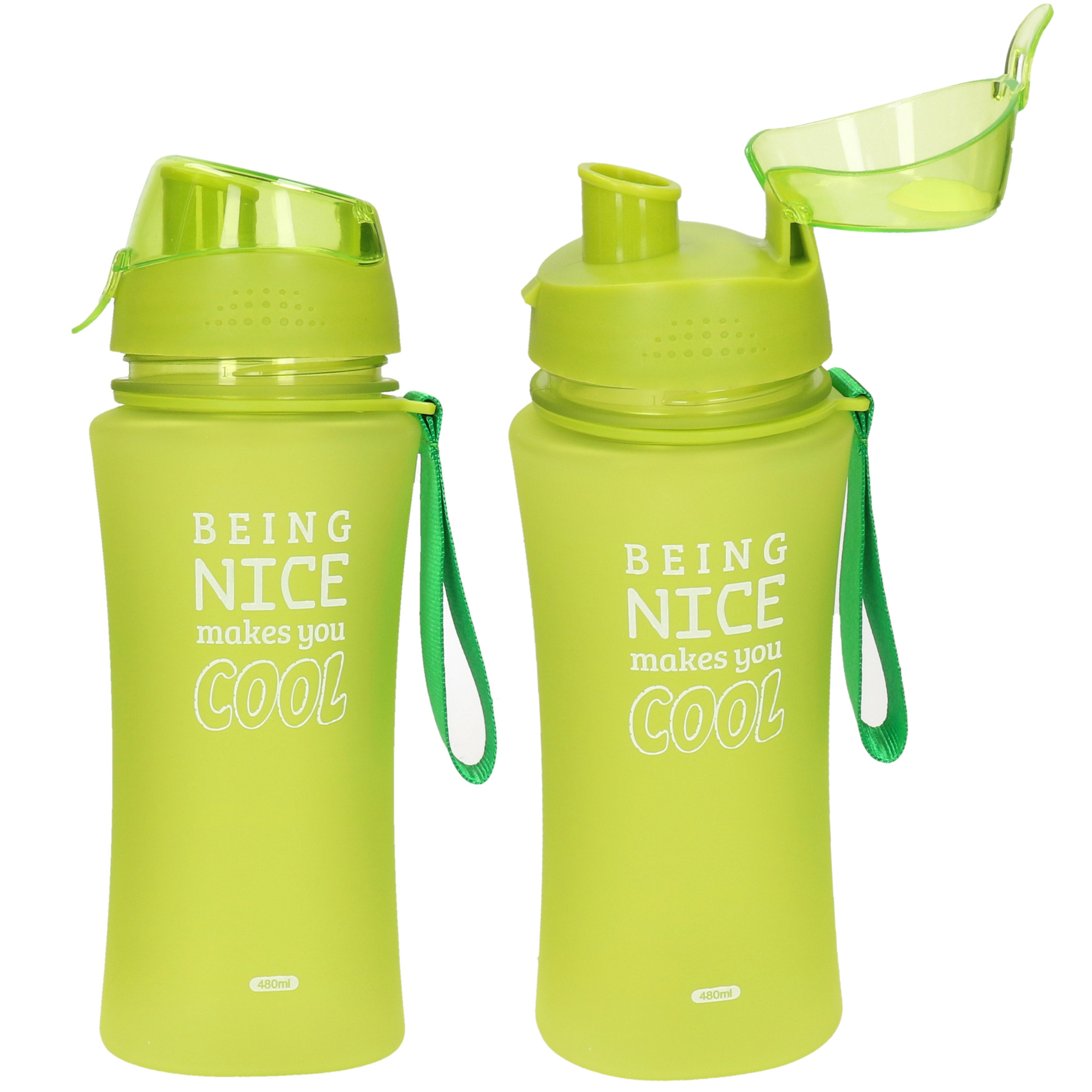 Sport Bidon drinkfles/waterfles - 2x - Being Nice - groen - kunststof - 480 ml -