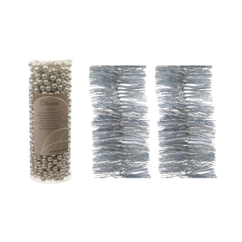 Kerstversiering set van 2x stuks folieslingers en 1x stuks kralenslingers zilver glitter -