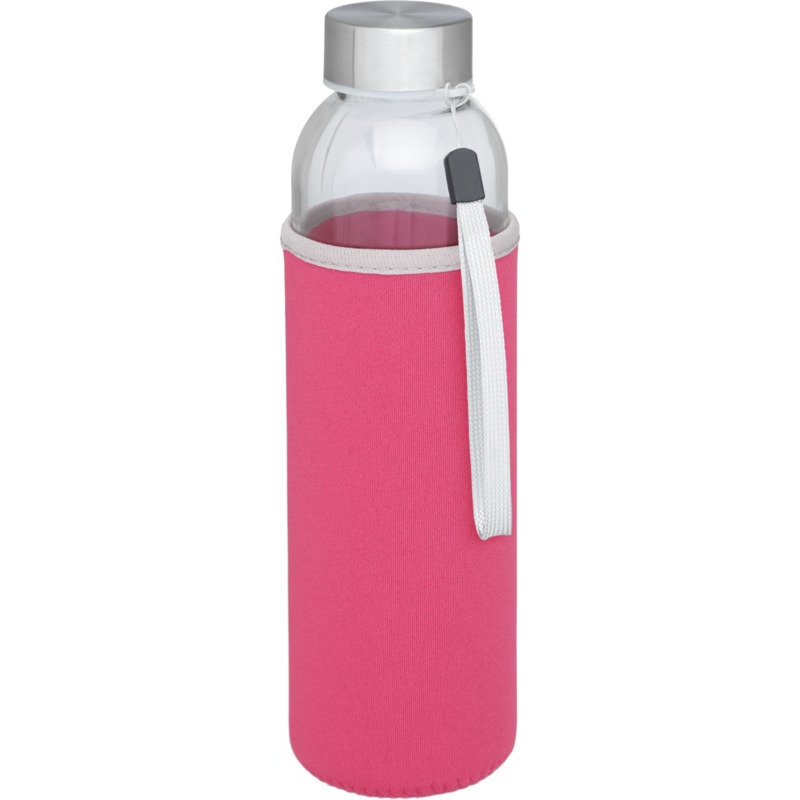 Glazen waterfles/drinkfles - softshell bescherm hoes roze - 500 ml - Sportfles - Bidon -