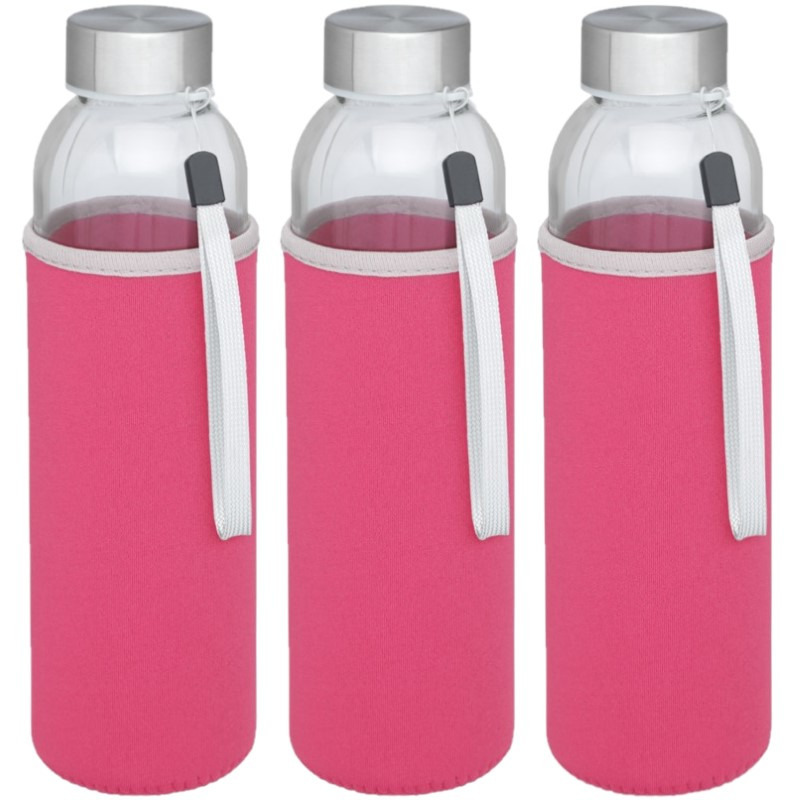 6x stuks glazen waterfles/drinkfles met roze softshell bescherm hoes 500 ml -