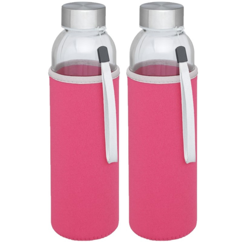 2x stuks glazen waterfles/drinkfles met roze softshell bescherm hoes 500 ml -