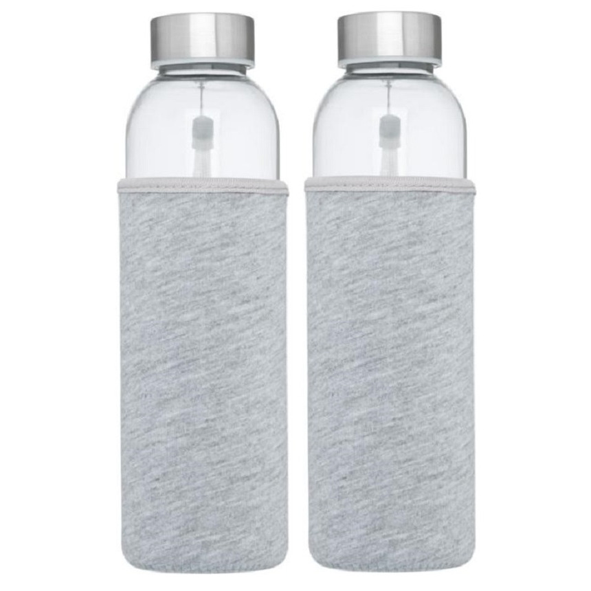 2x stuks glazen waterfles/drinkfles met grijze softshell bescherm hoes 500 ml -