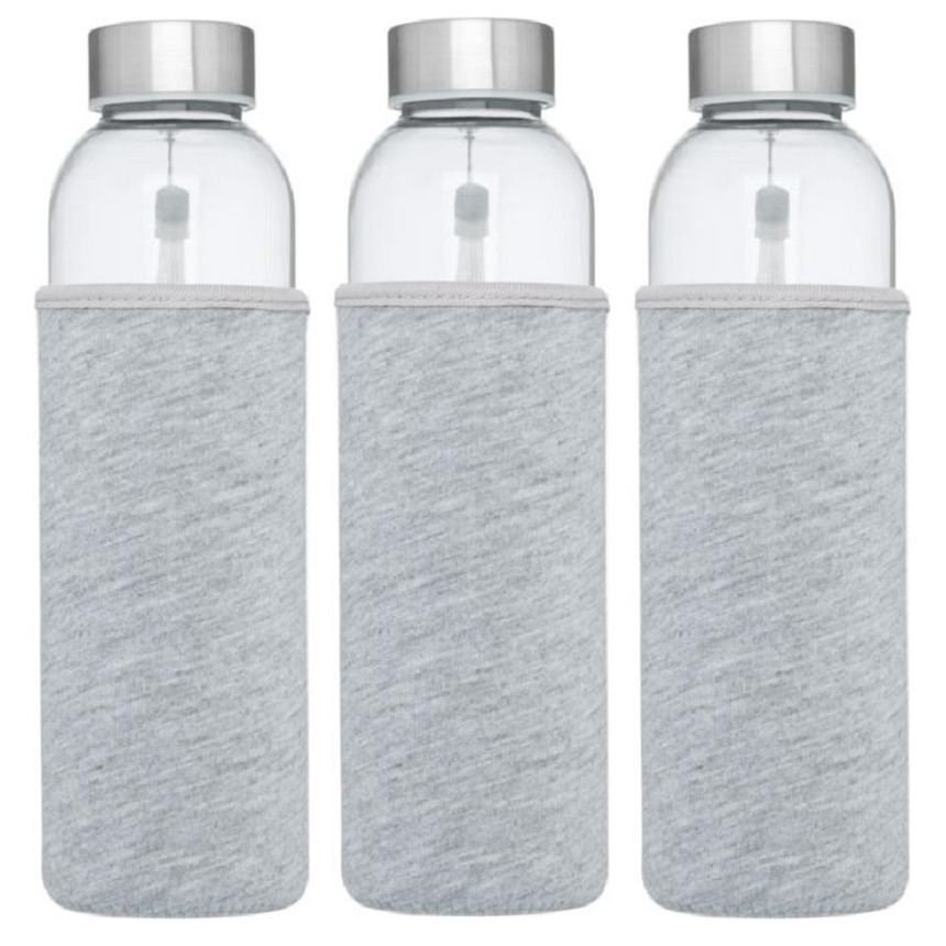 3x stuks glazen waterfles/drinkfles met grijze softshell bescherm hoes 500 ml -