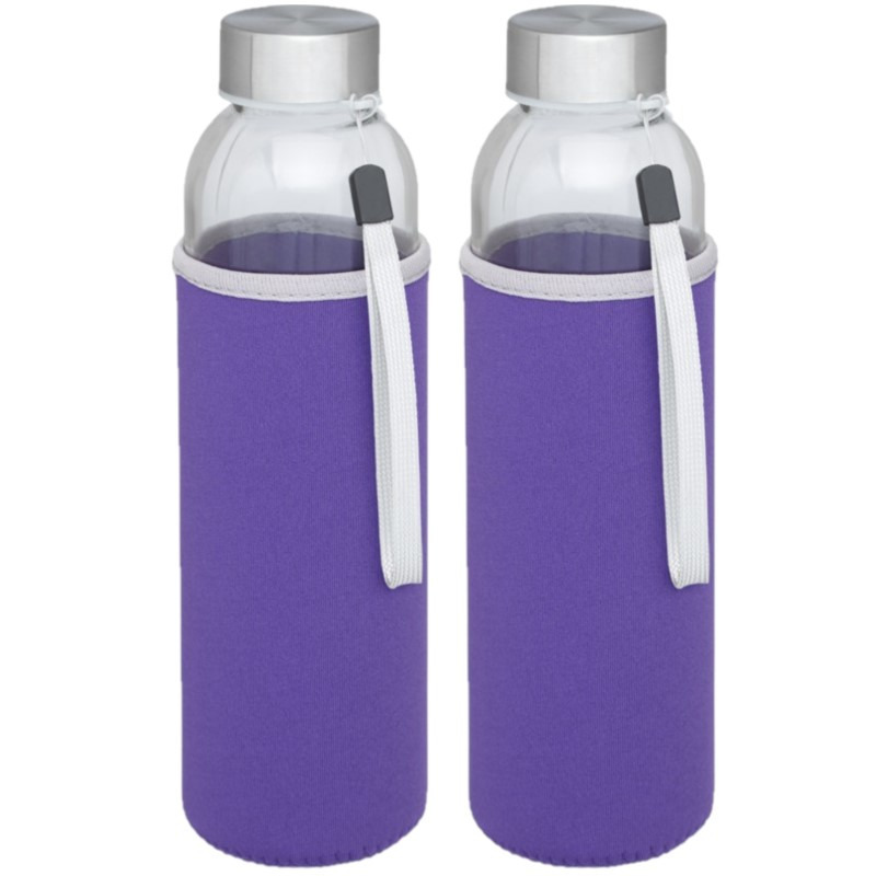 Glazen waterfles/drinkfles - 2x stuks - softshell bescherm hoes paars - 500 ml - Sportfles - Bidon -