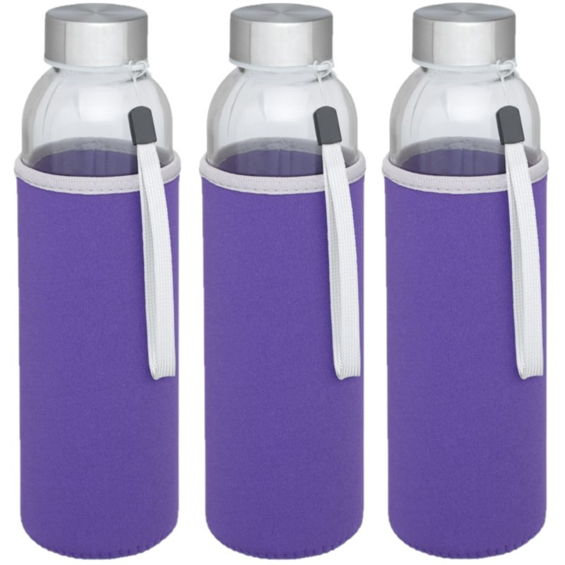 Glazen waterfles/drinkfles - 3x stuks - softshell bescherm hoes paars - 500 ml - Sportfles - Bidon -