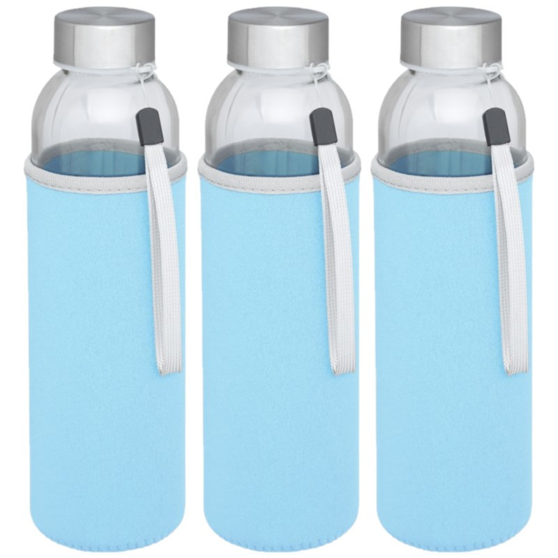 3x stuks glazen waterfles/drinkfles met lichtblauwe softshell bescherm hoes 500 ml -
