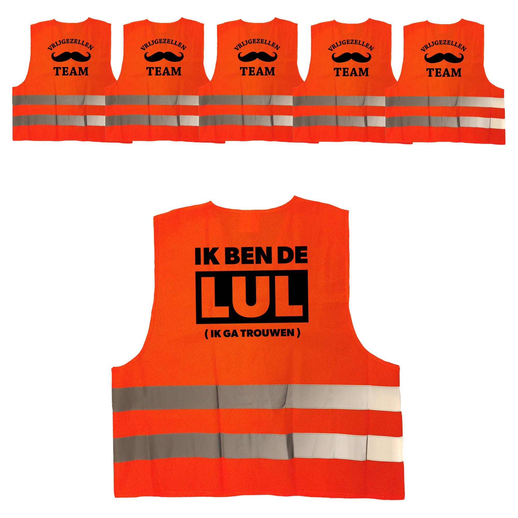 Vrijgezellenfeest heren hesjes pakket: 1x Ik ben de Lul oranje + 5x Vrijgezellen team hesje oranje -