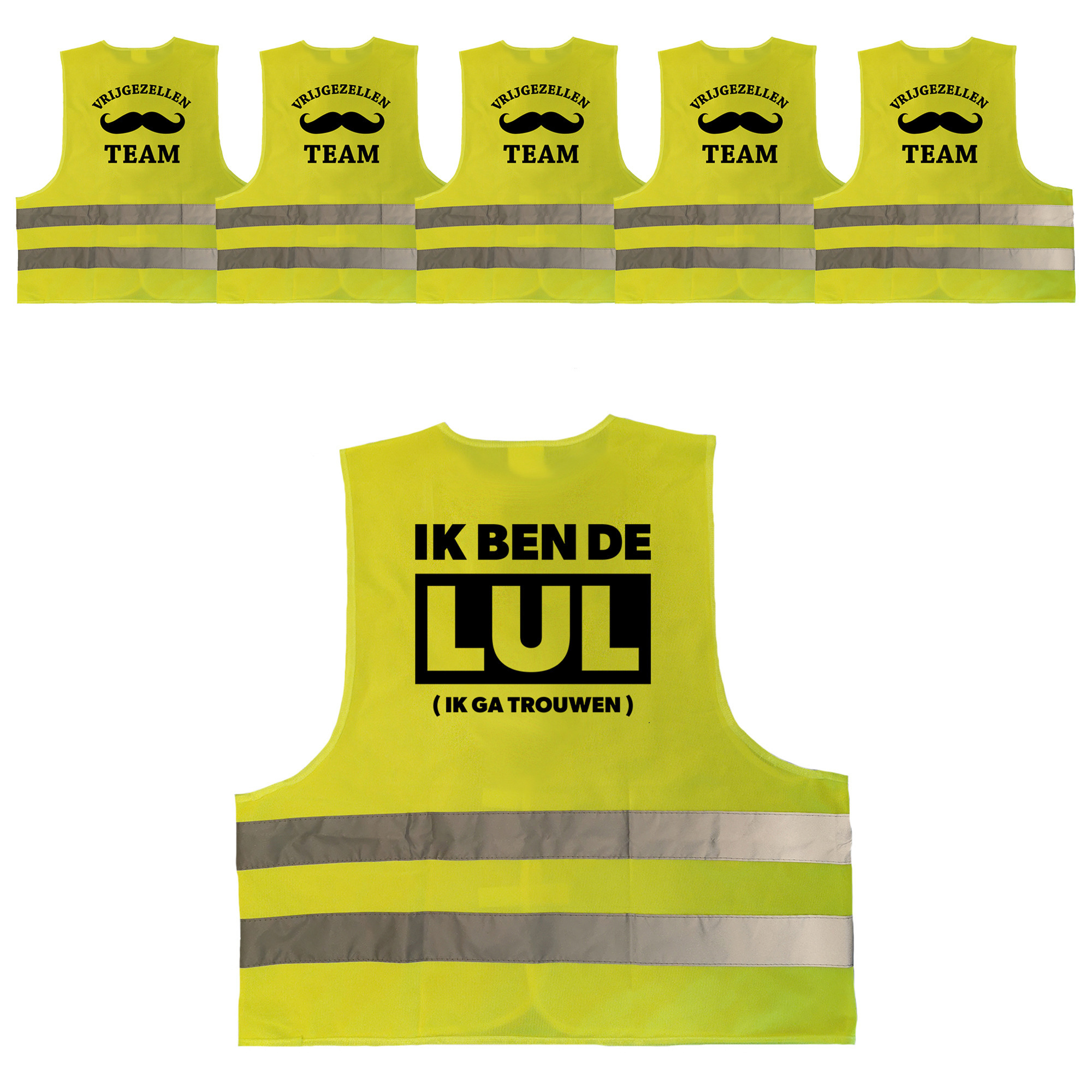 Vrijgezellenfeest heren hesjes pakket: 1x Ik ben de Lul hesje geel + 5x Vrijgezellen team hesje geel -