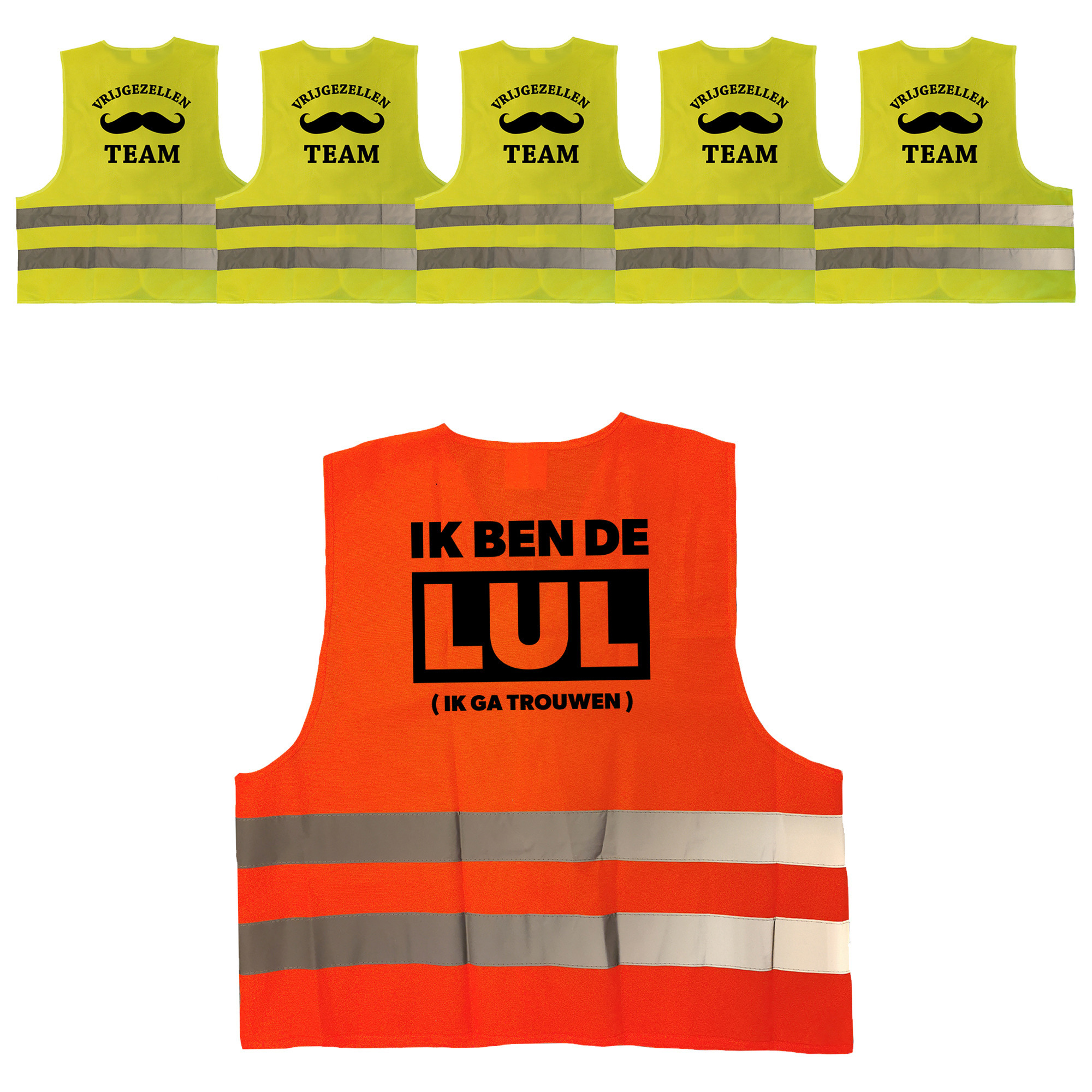 Vrijgezellenfeest heren hesjes pakket: 1x Ik ben de Lul oranje + 5x Vrijgezellen team hesje geel -
