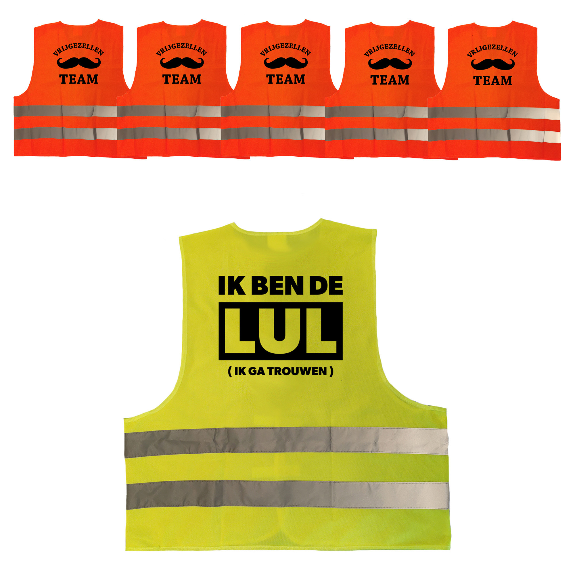 Vrijgezellenfeest heren hesjes pakket: 1x Ik ben de Lul geel + 5x Vrijgezellen team hesje oranje -