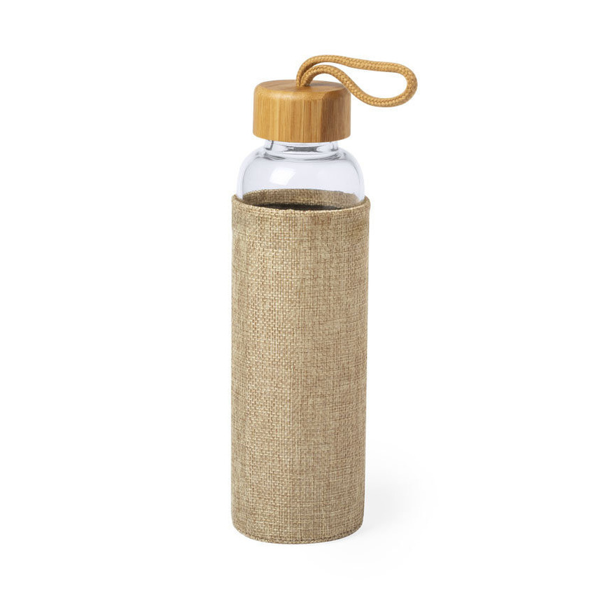 Glazen waterfles/drinkfles - met naturel bamboe houten bescherm hoes - 500 ml -