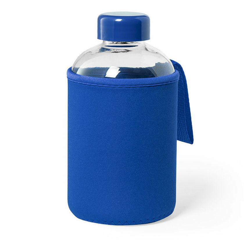 Glazen waterfles/drinkfles softshell bescherm hoes - blauw - 600 ml - Sportfles - Bidon -