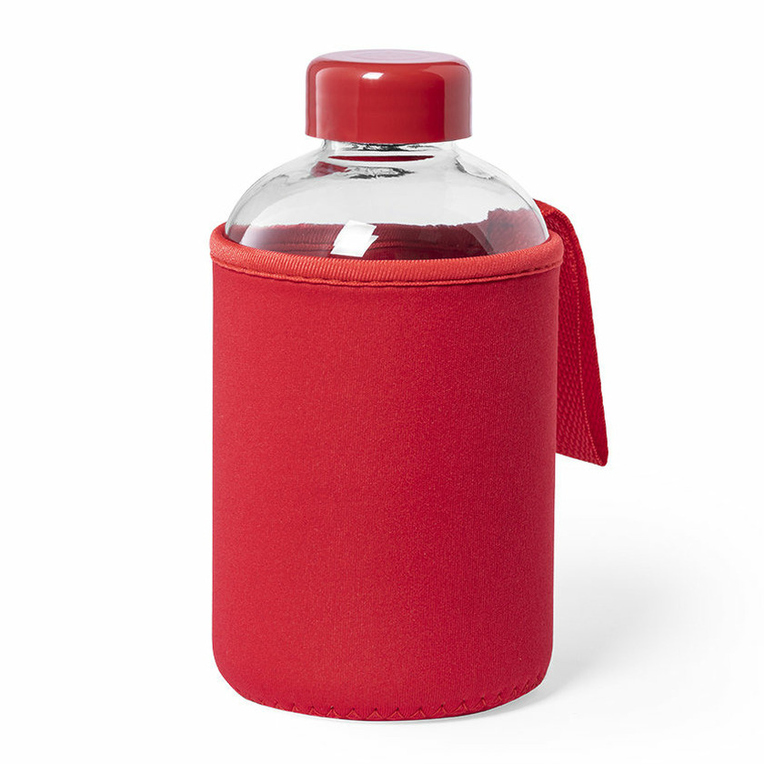 Glazen waterfles/drinkfles softshell bescherm hoes - rood - 600 ml - Sportfles - Bidon -