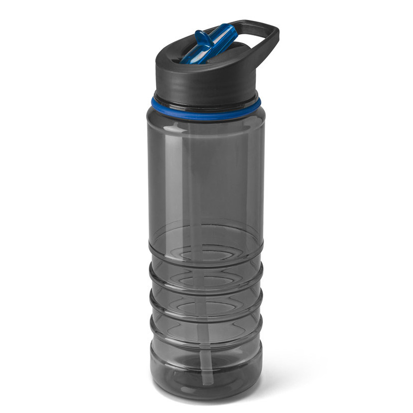Kunststof waterfles/drinkfles transparant zwart/blauw met rietje 650 ml -
