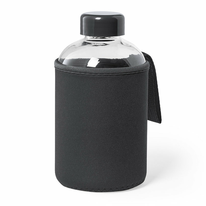 Glazen waterfles/drinkfles softshell bescherm hoes - zwart - 600 ml - Sportfles - Bidon -