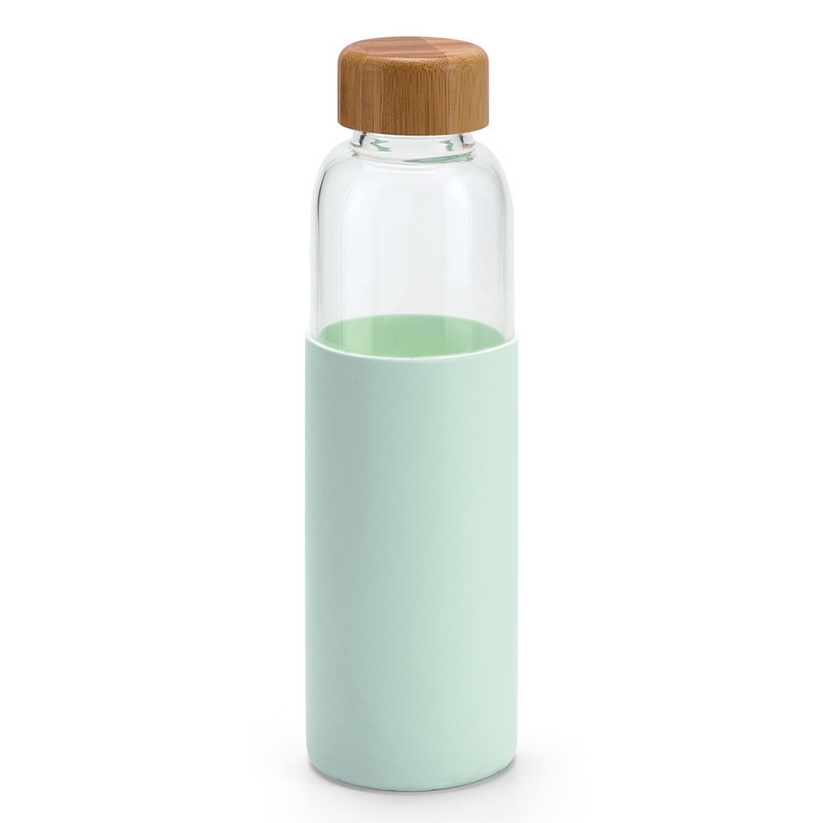 Glazen waterfles/drinkfles - mintgroen siliconen beschermhoes - 600 ml - Sportfles - Bidon -