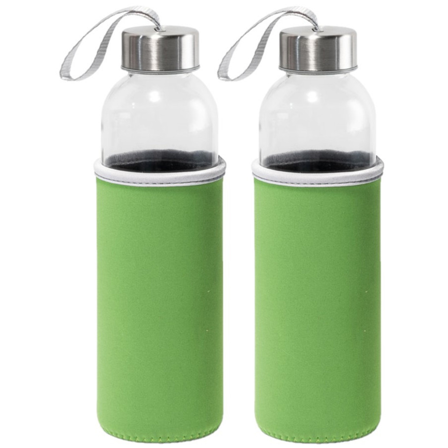 2x Stuks glazen waterfles/drinkfles met groene softshell bescherm hoes 520 ml -