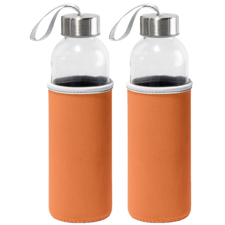 Sport waterfles/drinkfles - 2x - met softshell beschermhoes oranje - 520 ml - Sportfles - Bidon -