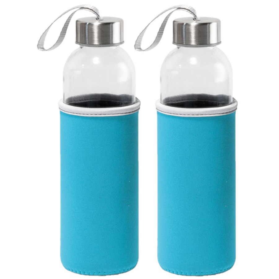 2x Stuks glazen waterfles/drinkfles met turquoise blauwe softshell bescherm hoes 520 ml -