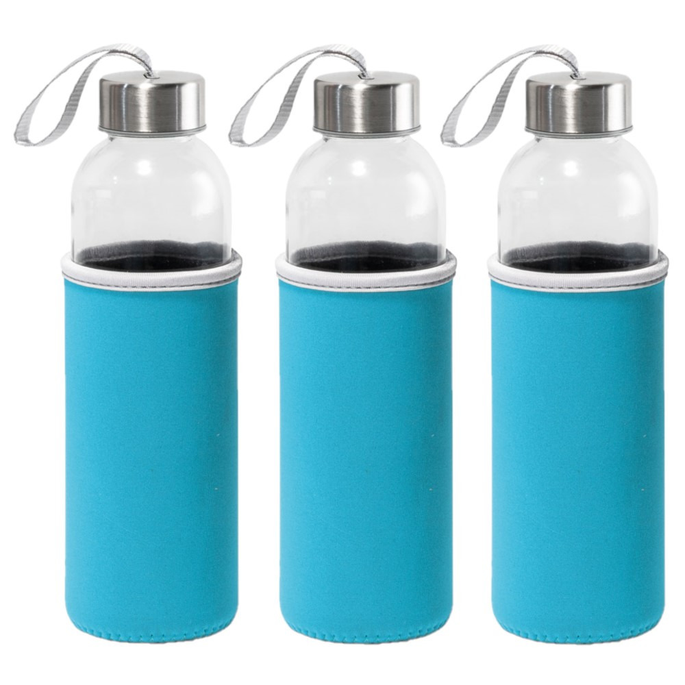 6x Stuks glazen waterfles/drinkfles met turquoise blauwe softshell bescherm hoes 520 ml -