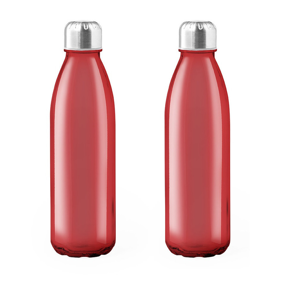 2x Stuks glazen waterfles/drinkfles rood transparant met Rvs dop 500 ml -