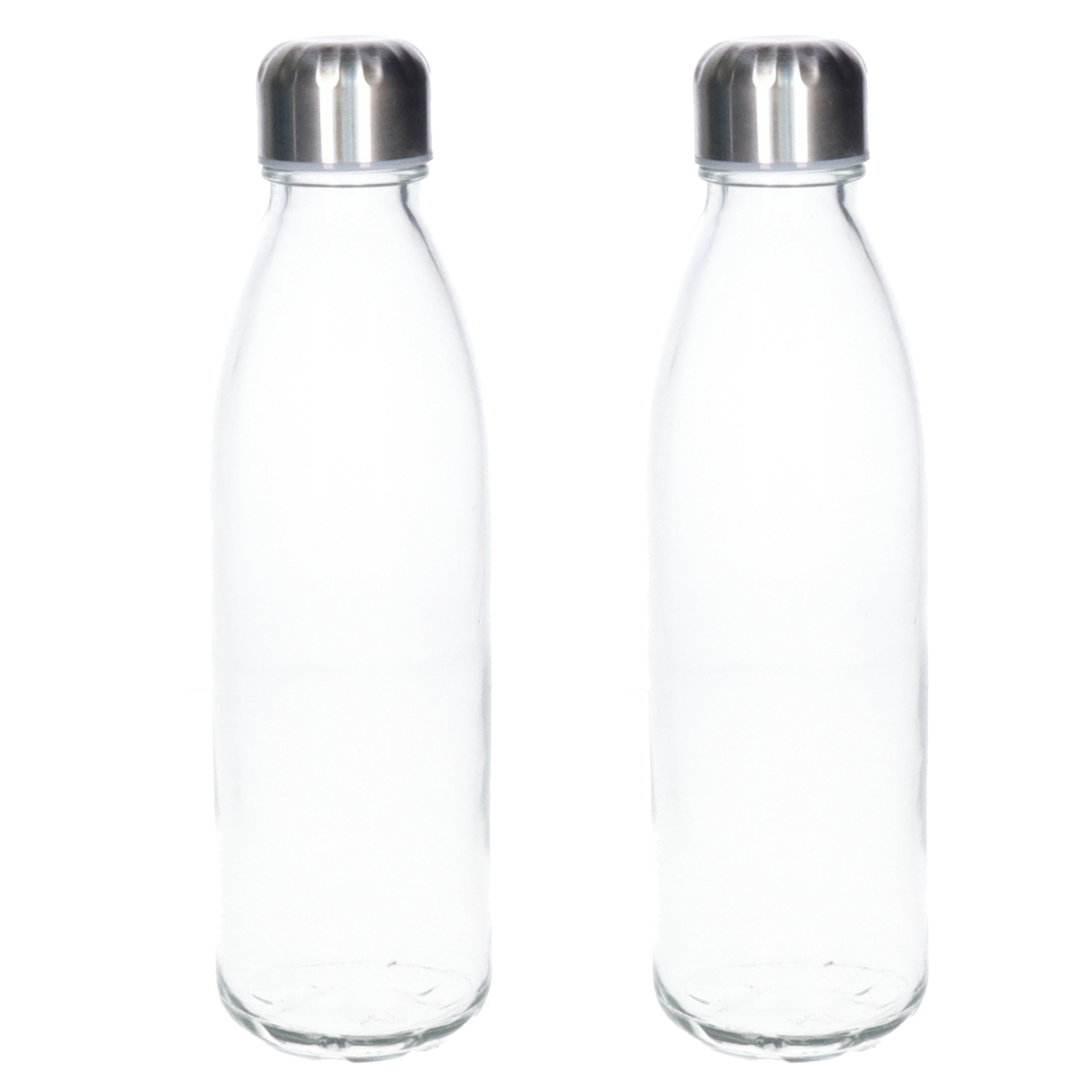 Waterfles/drinkfles - 2x - transparant - met RVS dop - 650 ml - glas - Sportfles - Bidon -